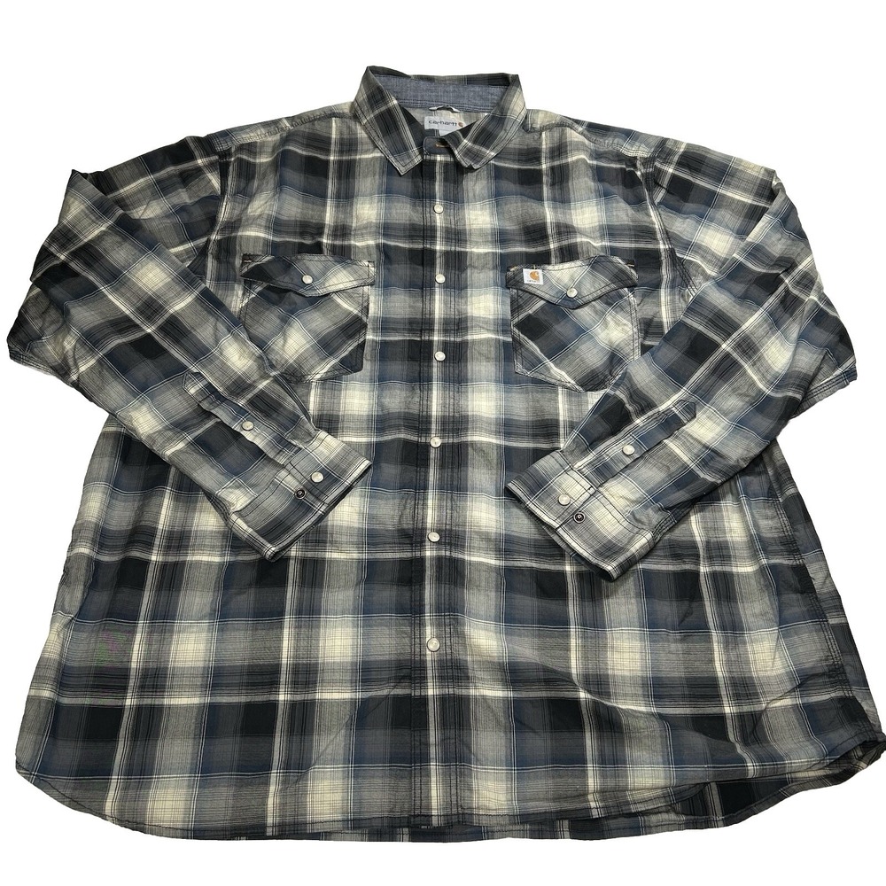 Carhartt Pearl Snap Shirt Mens 2XL XXL Blue Plaid Relaxed Fit Western Work EUC - Picture 1 of 14